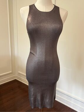 bebe Metallic Gunmetal Ribbed Bodycon Dress Cutout Back Y2K Sz XS